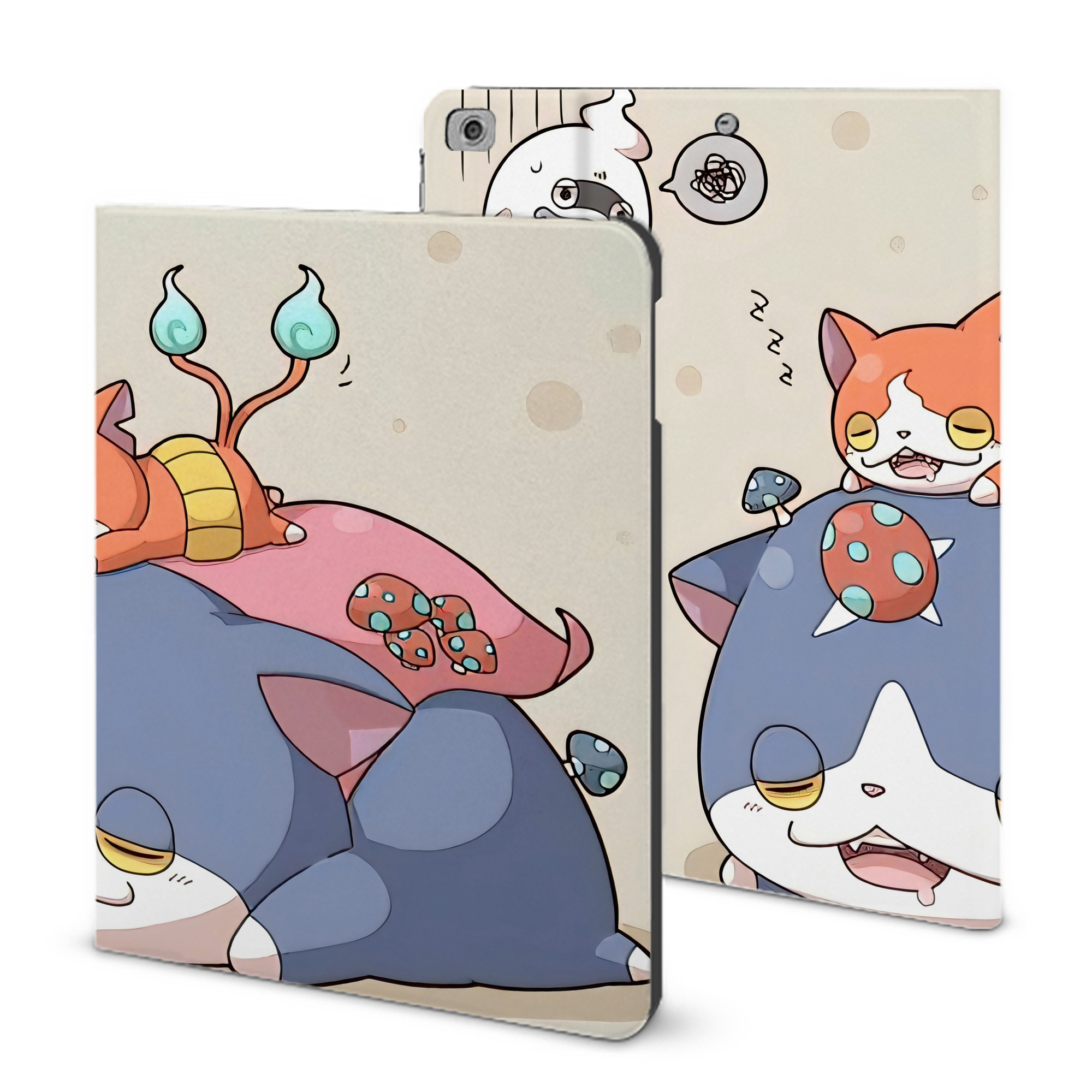 （画像用） 妖怪ウォッチ Yo-kai Watch IPad ケース ブック型 PUレザー TPU 耐衝撃 軽量 薄型 ペン収納なし 全面保護 IPad 各モデル対応
